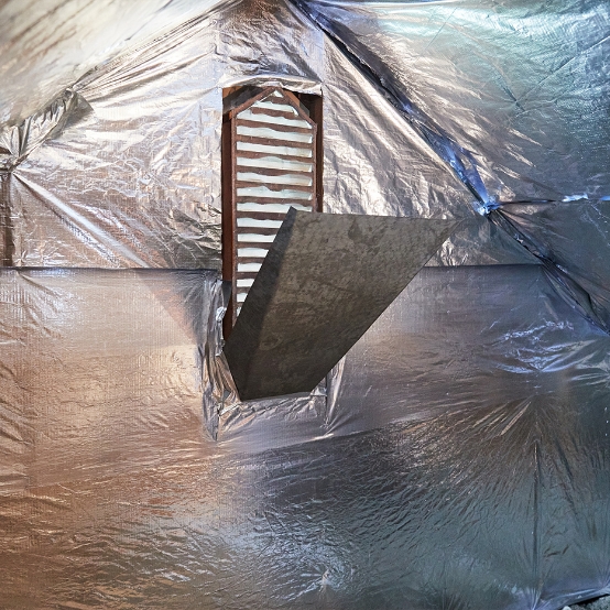 Radiant barrier installed in an attic.