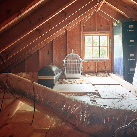 Overview of an attic with insulation installed.